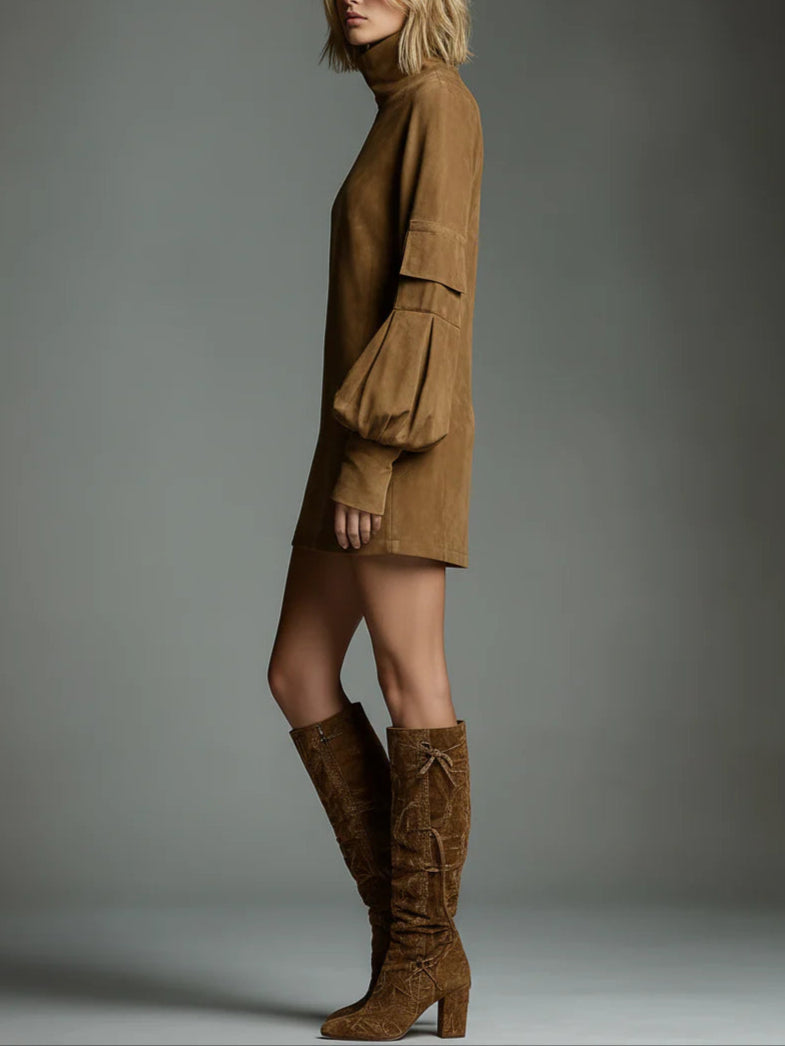 Flowering Girl Women Loose turtleneck mini dress made of suede