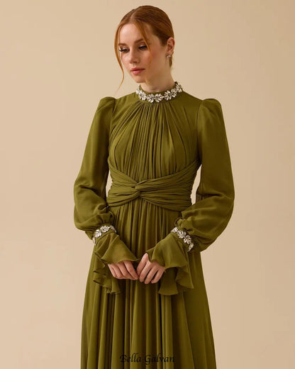 alyssa puff long sleeve pleated silk maxi dress in green