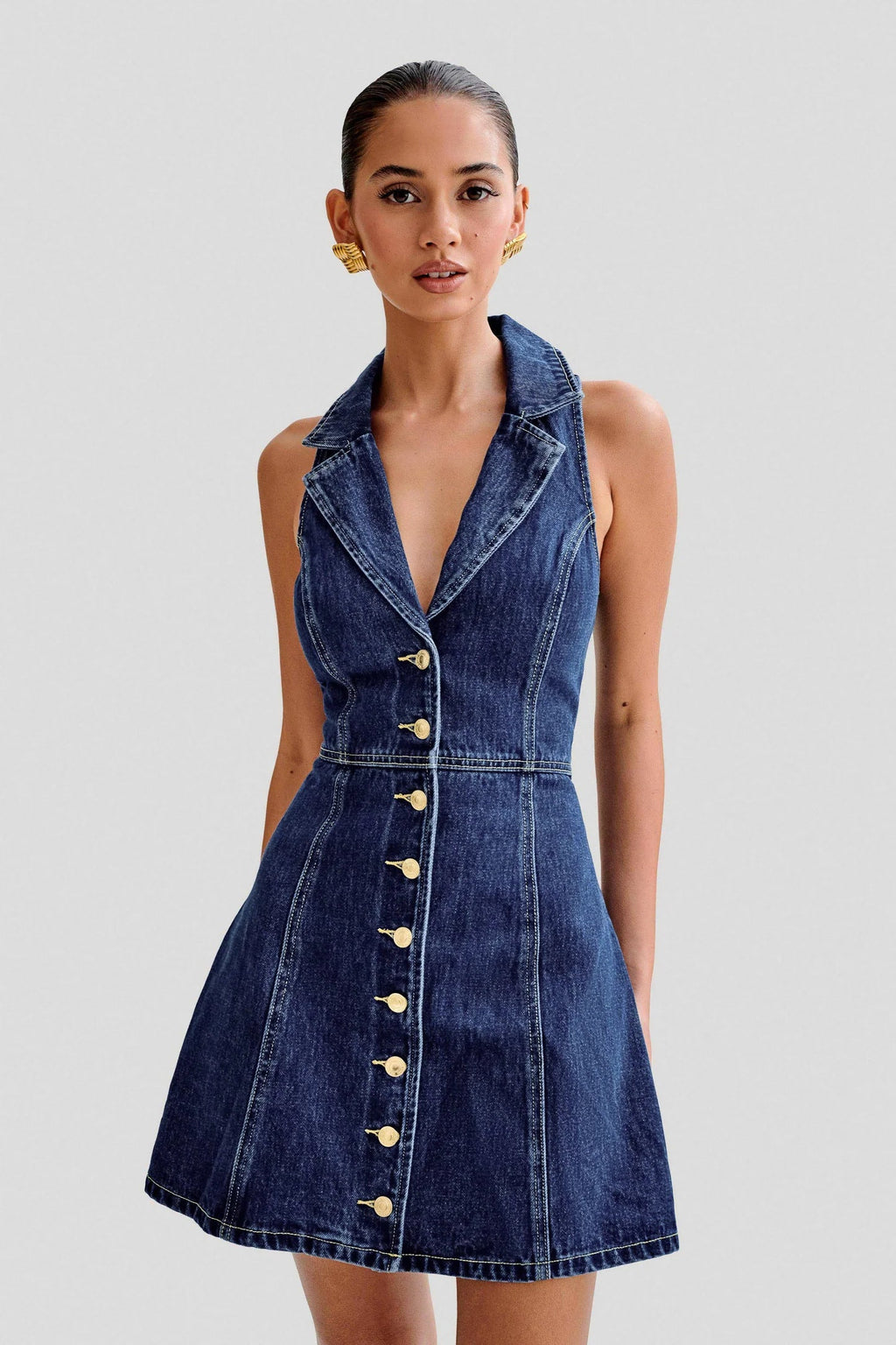 Flowering Girl Women Eartha Collared Denim Mini Dress - Dark Blue