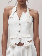 Flowering Girl Women Halter Neck Vest Flower Embellished Pants Suit In Ivory