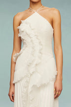 alva Sleeveless Folds Slit Maxi Dress in light white