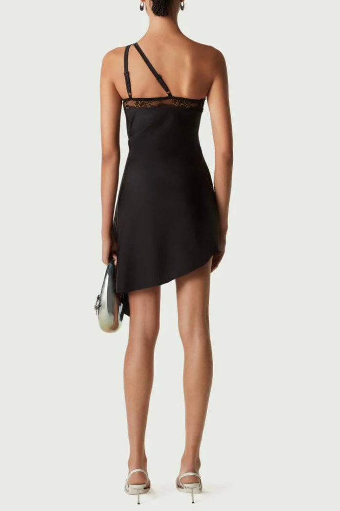 Flowering Girl Women One-Shoulder Lace Hollow Mini Dress In Black