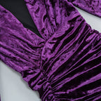 Flowering Girl Women Purple V Neck Ruched Velvet Mini Dress