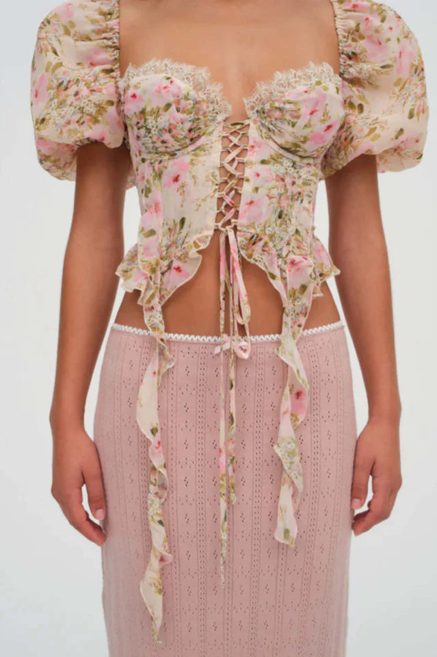 Flowering Girl Women Pink Tie-Drape Chiffon Shirt With Ruffled Puff Sleeves