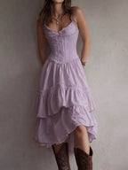Corset-Style Lace Trim Tiered Midi Dress