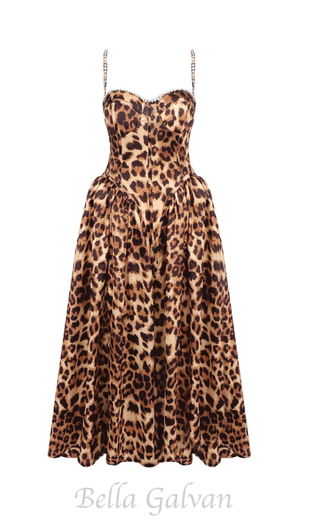 Flowering Girl Women Animal Print Crystal Bustier A Line Midi Dress