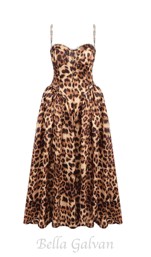 Flowering Girl Women Animal Print Crystal Bustier A Line Midi Dress