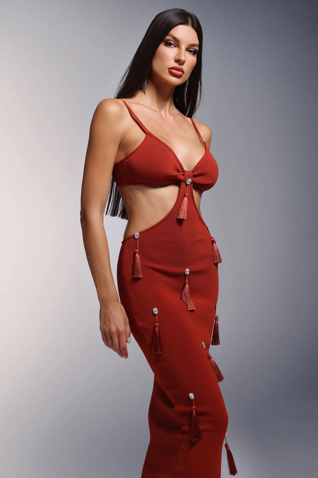 Deep-V Diamond Tassels Bandage Maxi Dress In Red