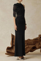 christine Off-shoulder pleated two-piece mermaid skirt in black