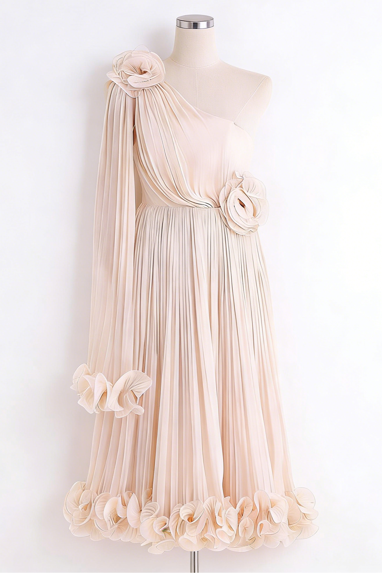 Simona One Shoulder 3d Flower Ruffle Hem Maxi Dress In Apricot