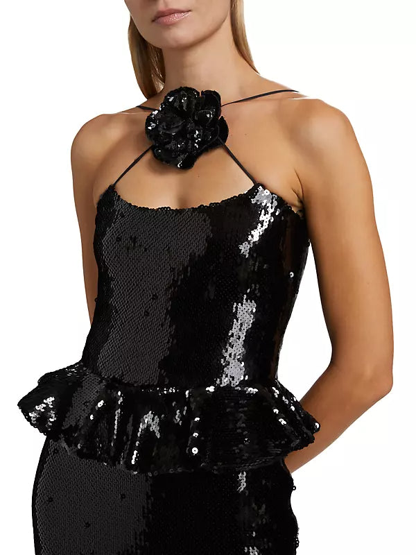 Flowering Girl Women peplum waist sequin maxi dress in black