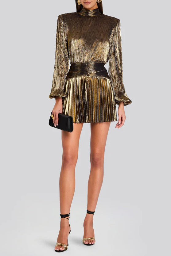 Flowering Girl Women Nancy High-Necked Lantern Sleeve Pleated Mini Dress In Gold