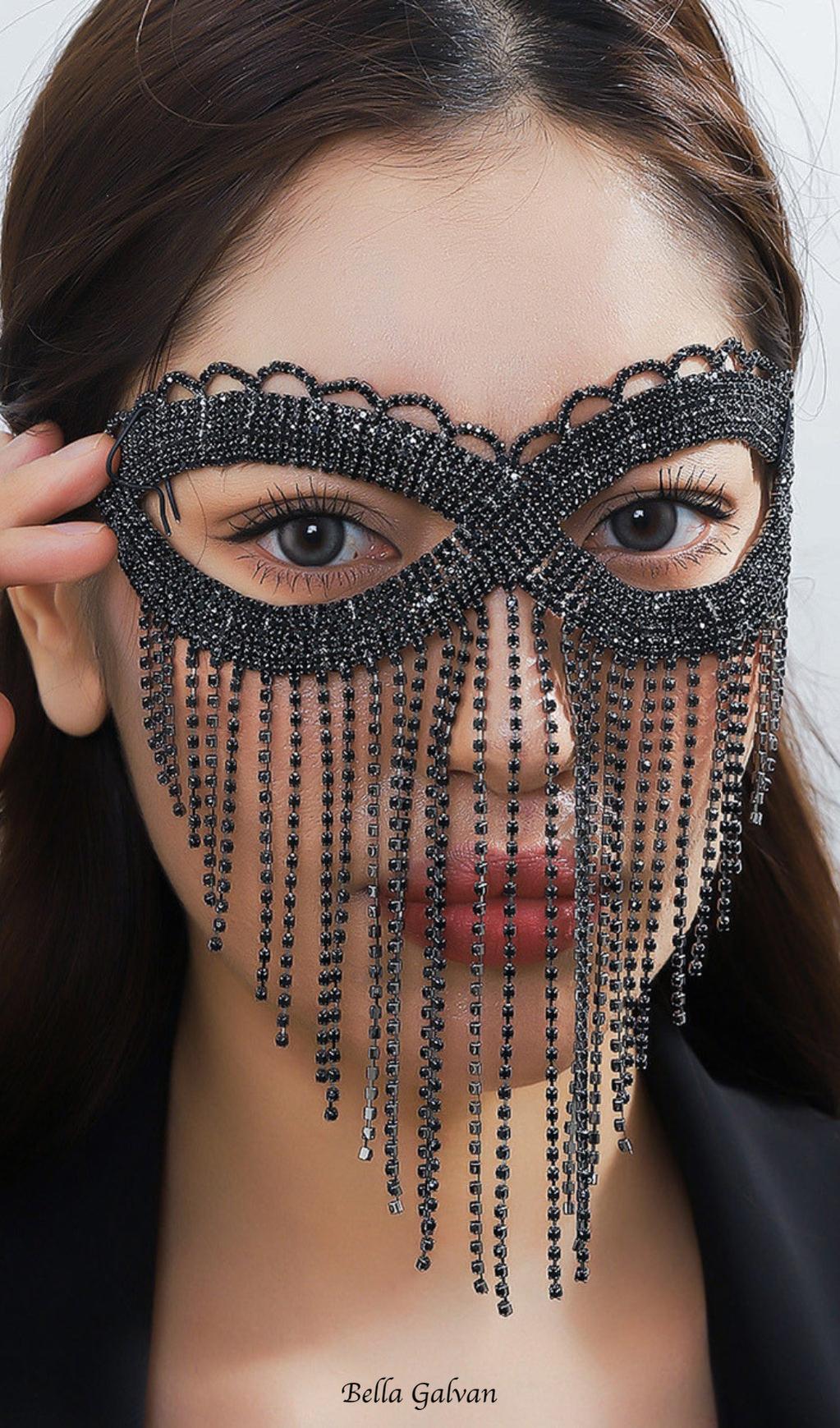 Flowering Girl Women Dascha Black Rhinestone Tassel Mask