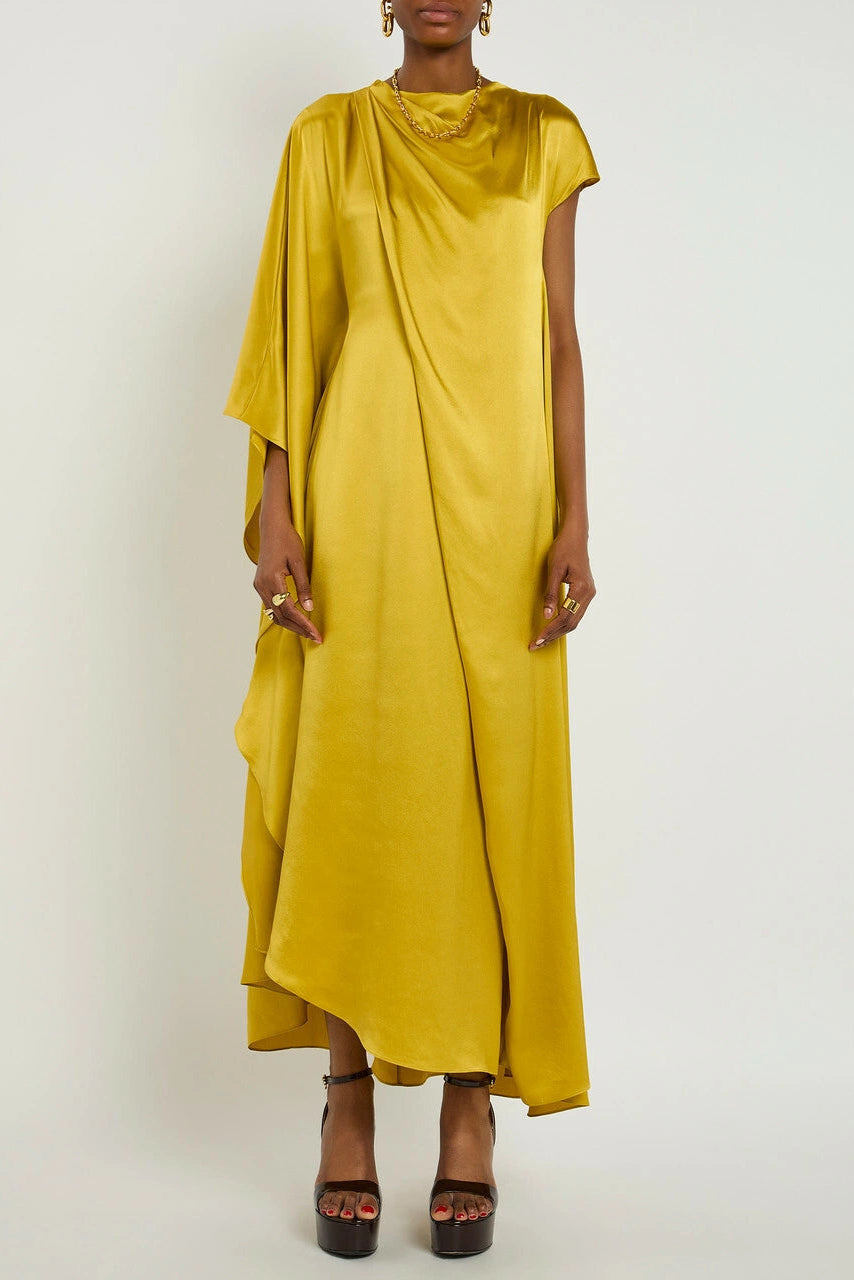 Flowering Girl Women Yellow Draped Silk Maxi Dress