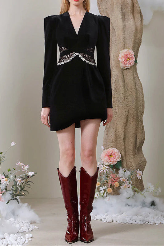 quintina black Lace V-Neck Asymmetry mini blazer dress