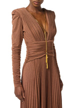 Meroy Deep V Puff Sleeve Pleated Maxi Dress In Brown
