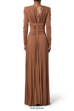meroy Deep V puff sleeve pleated maxi dress in brown