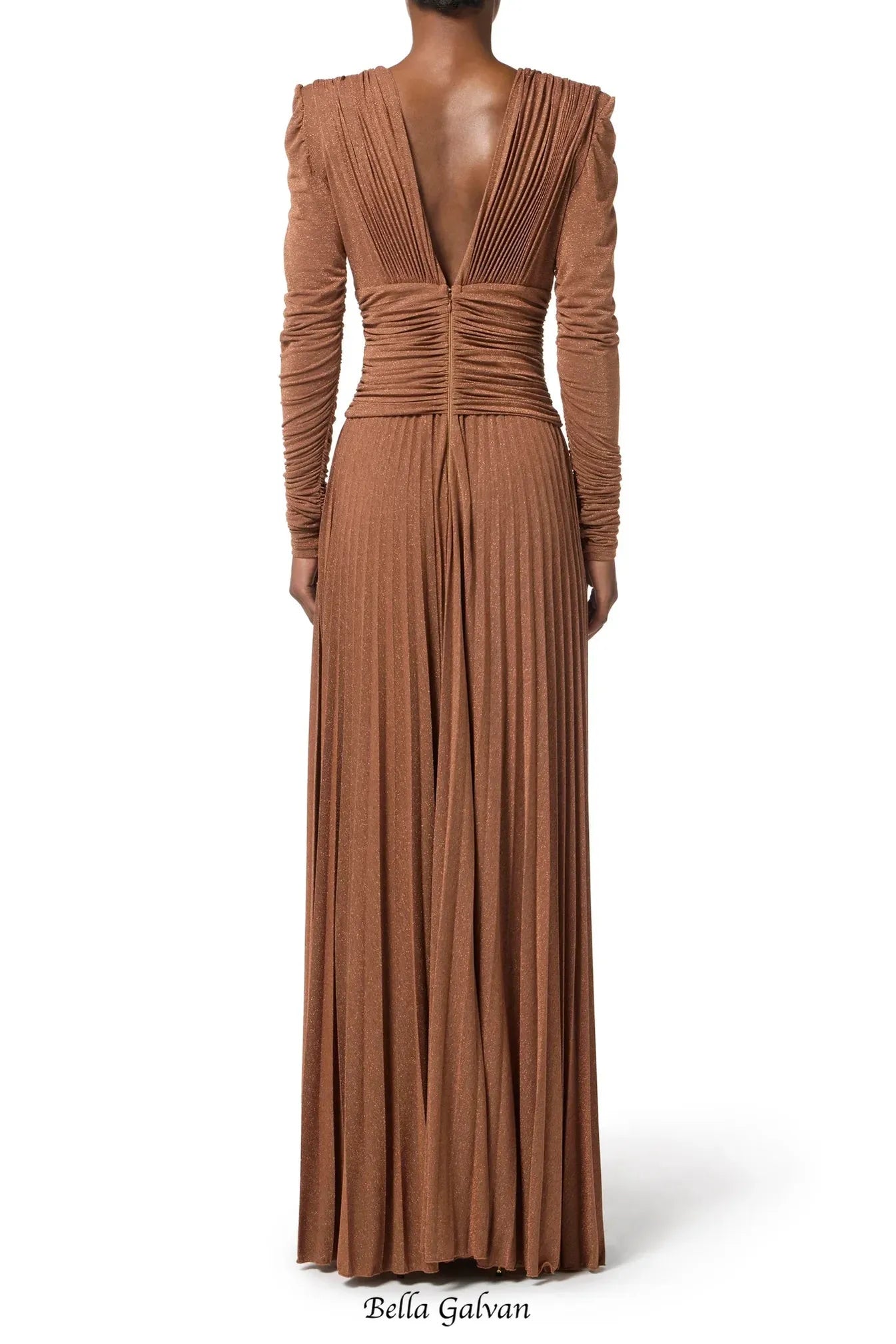 meroy Deep V puff sleeve pleated maxi dress in brown