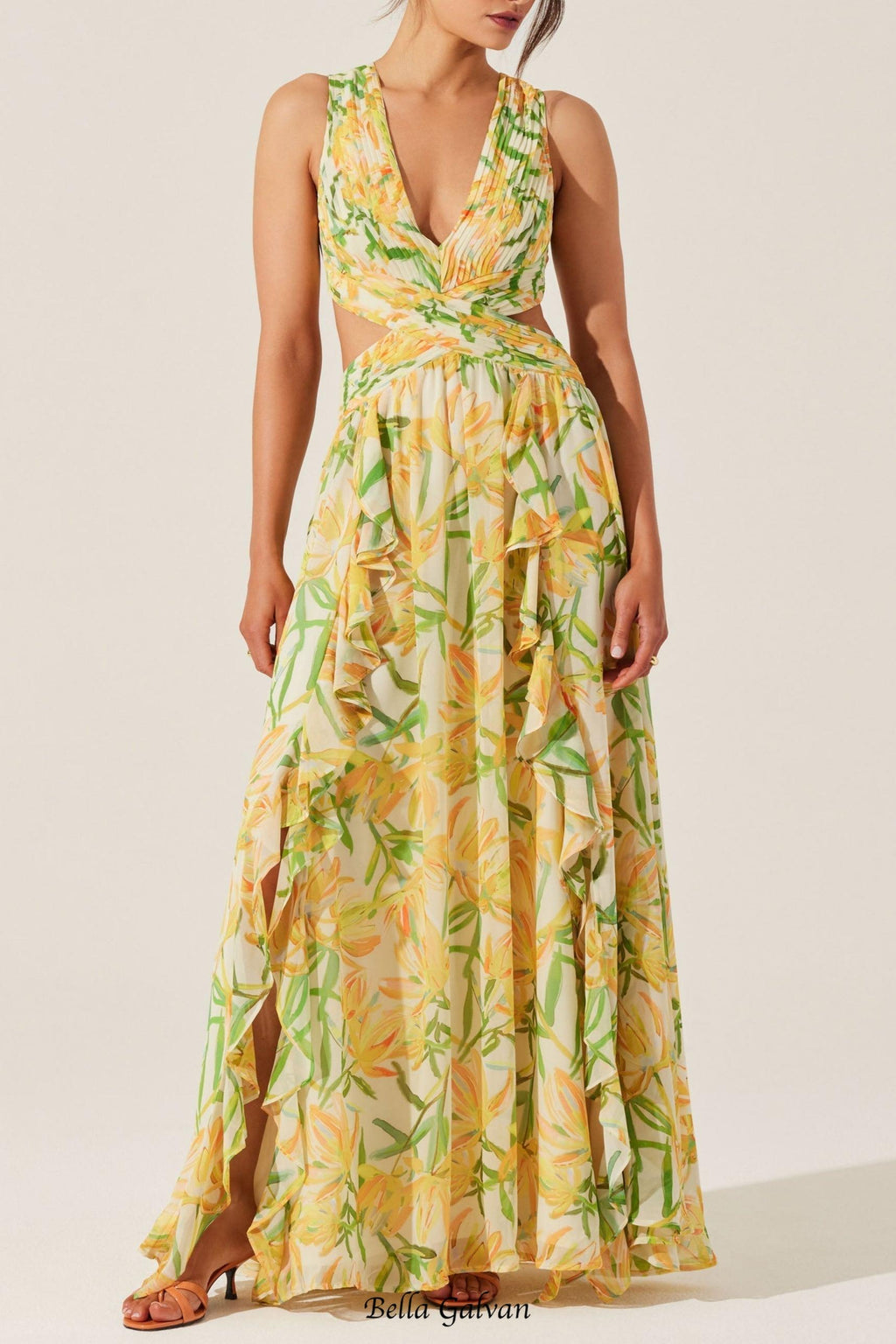 alyssa ruffle floral cutout maxi dress in yellow