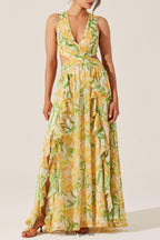 alyssa ruffle floral cutout maxi dress in yellow