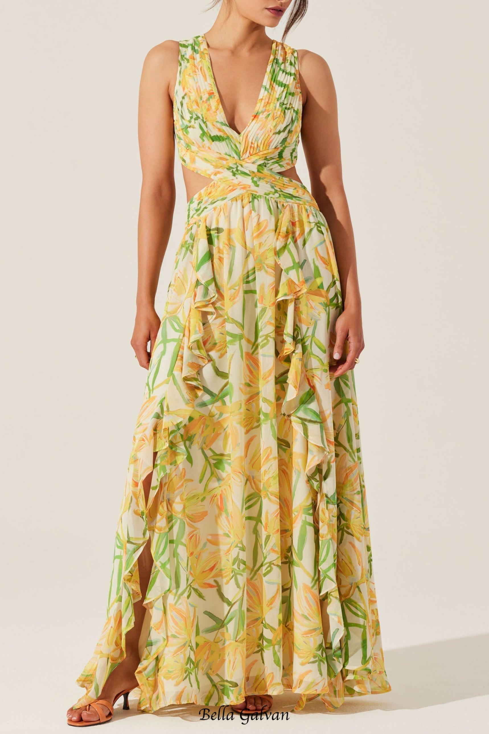 alyssa ruffle floral cutout maxi dress in yellow