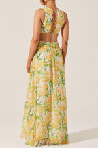 alyssa ruffle floral cutout maxi dress in yellow