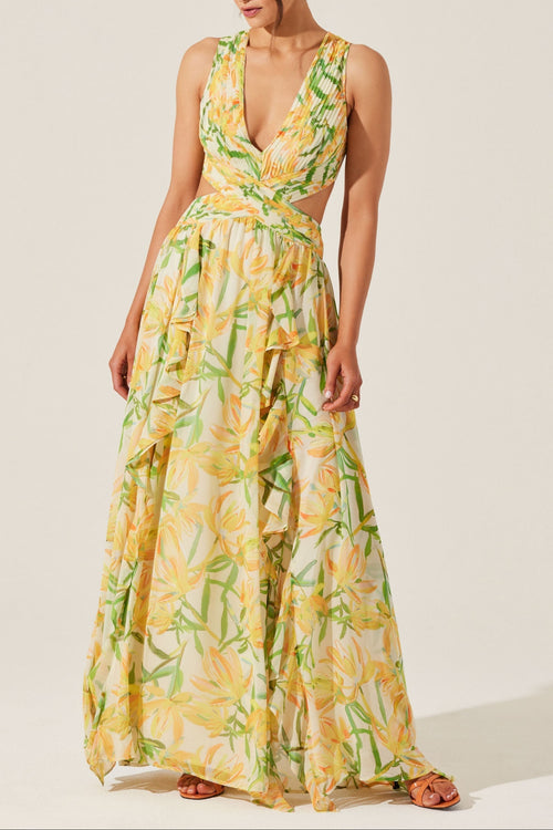 Flowering Girl Women Alyssa Ruffle Floral Cutout Maxi Dress In Yellow