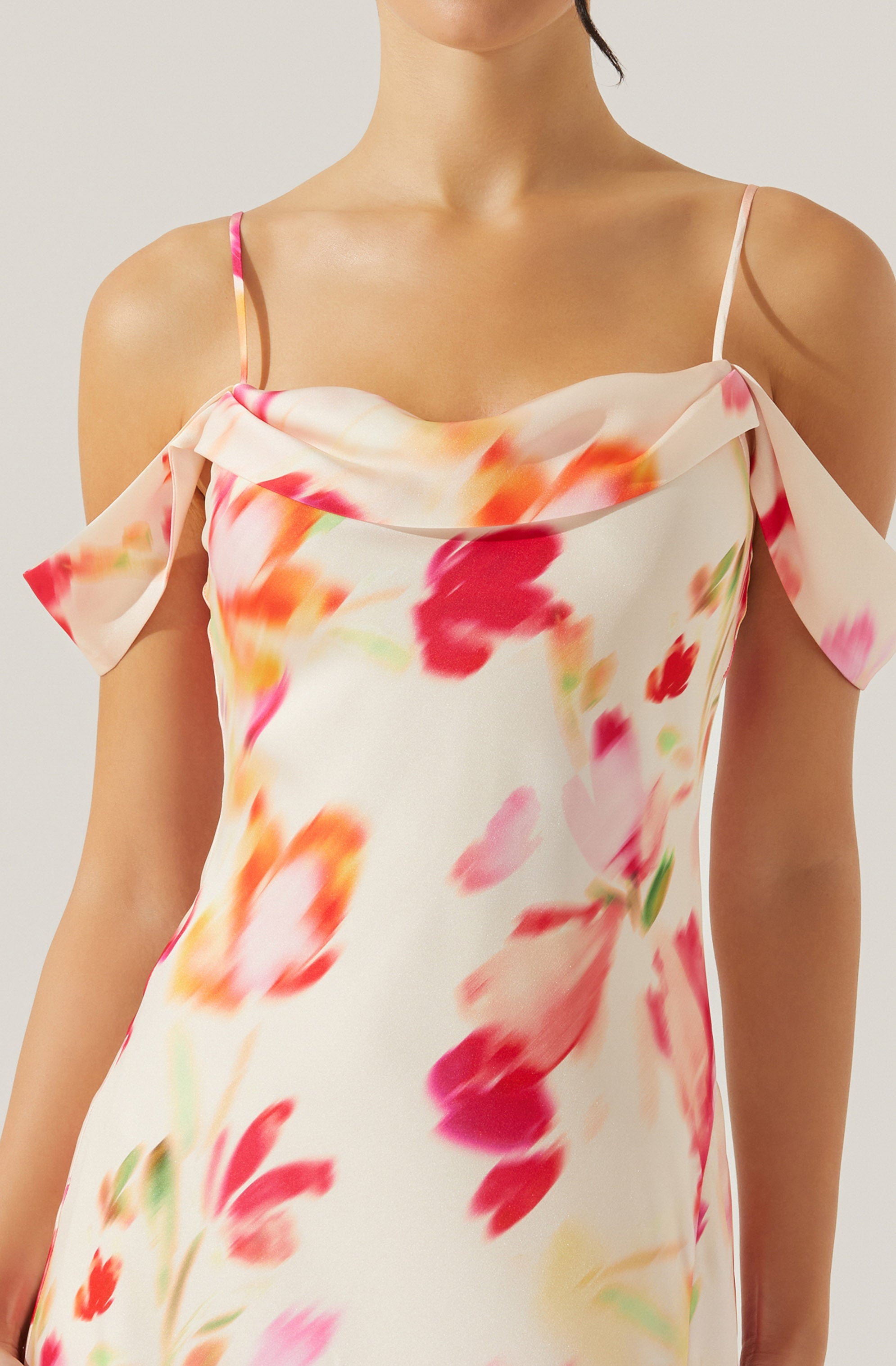 satin slit cold shoulder maxi dress in pink watercolor