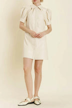 Flowering Girl Women White Lapel Collar Leather Puff Sleeves Mini Dress