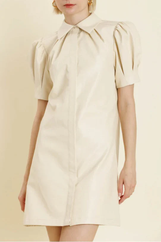 Flowering Girl Women White Lapel Collar Leather Puff Sleeves Mini Dress