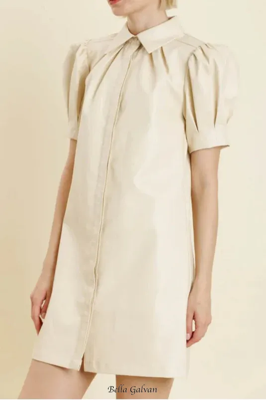 White lapel collar leather puff sleeves mini dress