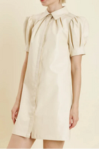 Flowering Girl Women White Lapel Collar Leather Puff Sleeves Mini Dress