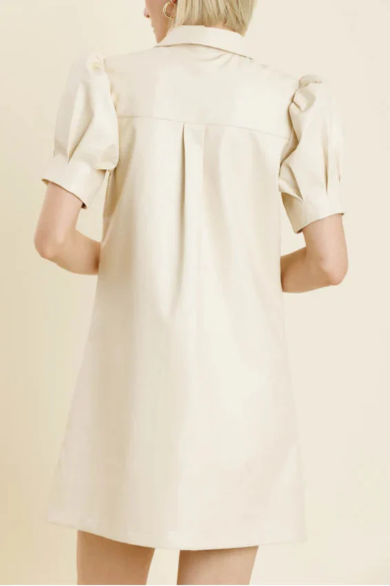 Flowering Girl Women White Lapel Collar Leather Puff Sleeves Mini Dress