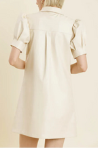 Flowering Girl Women White Lapel Collar Leather Puff Sleeves Mini Dress