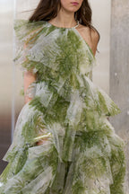 claire green floral print pleated layer maxi dress