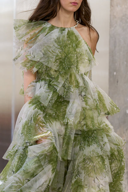 claire green floral print pleated layer maxi dress