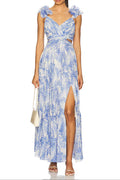 v -neck floral print cutout maxi dress in blue