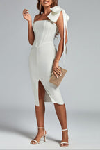 Flowering Girl Women Bow One-Shoulder Slit Midi Dress In White