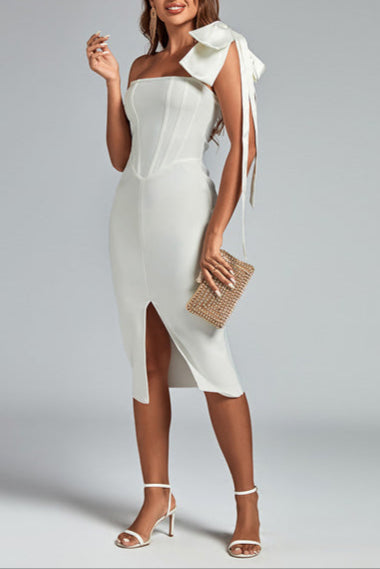 Flowering Girl Women Bow One-Shoulder Slit Midi Dress In White