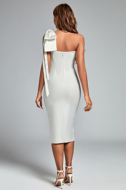 Flowering Girl Women Bow One-Shoulder Slit Midi Dress In White