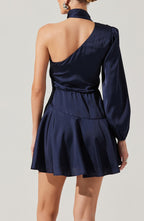 Flowering Girl Women Deep Blue Satin Scarf Mini Skater Dress