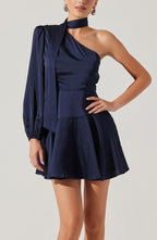 Flowering Girl Women Deep Blue Satin Scarf Mini Skater Dress