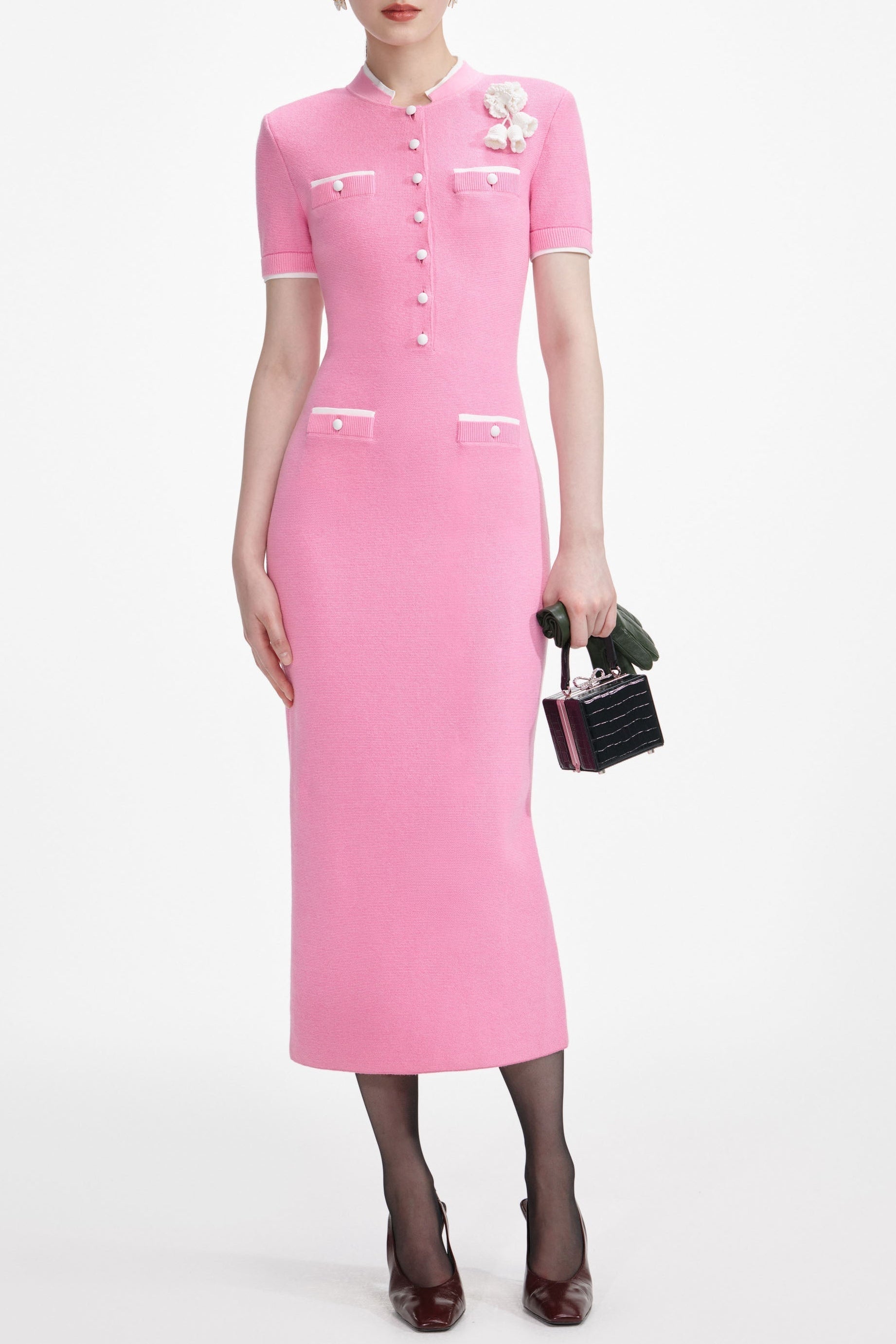 yvette Pink Crochet Flower Knit Midi Dress