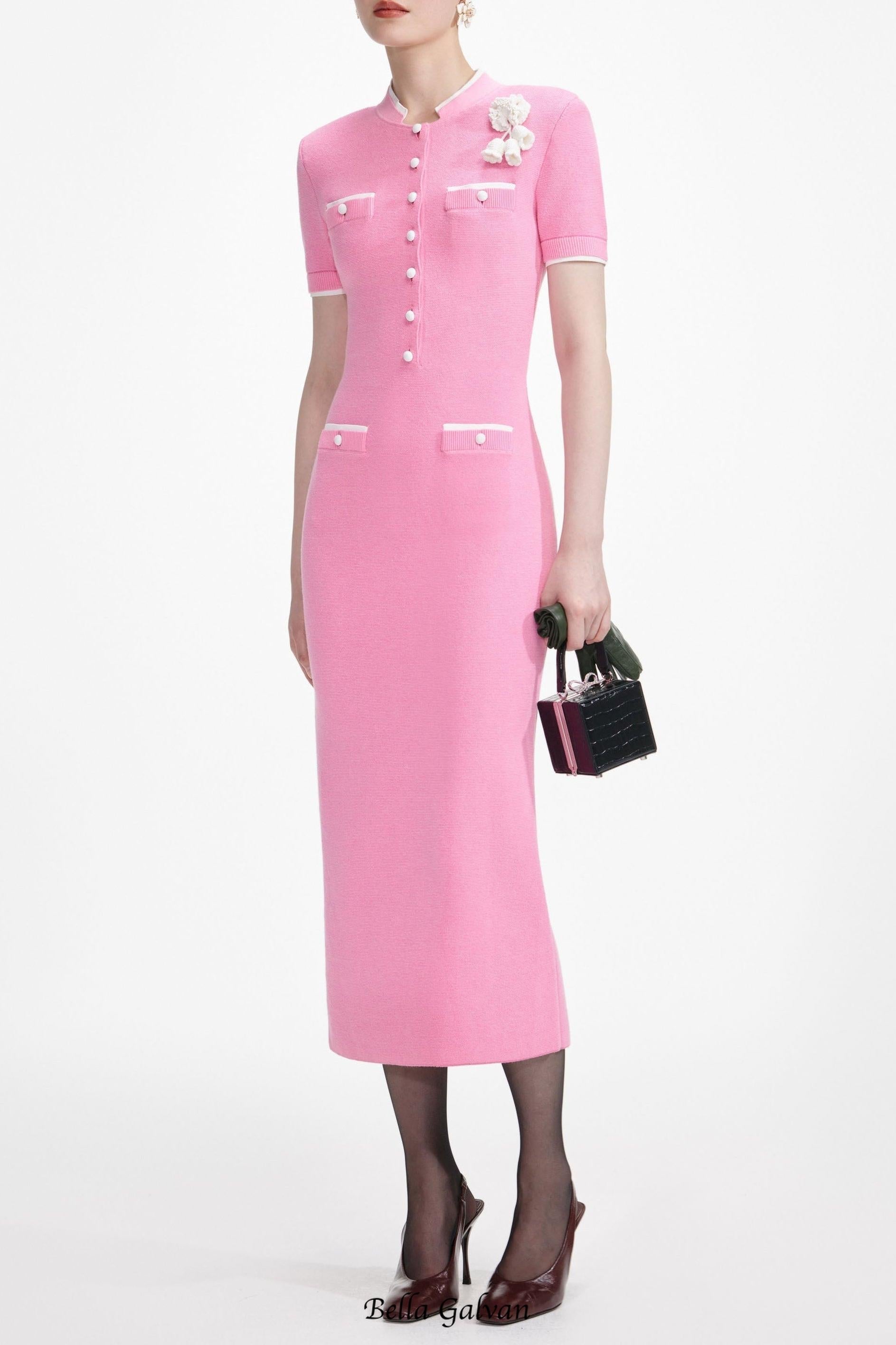 yvette Pink Crochet Flower Knit Midi Dress