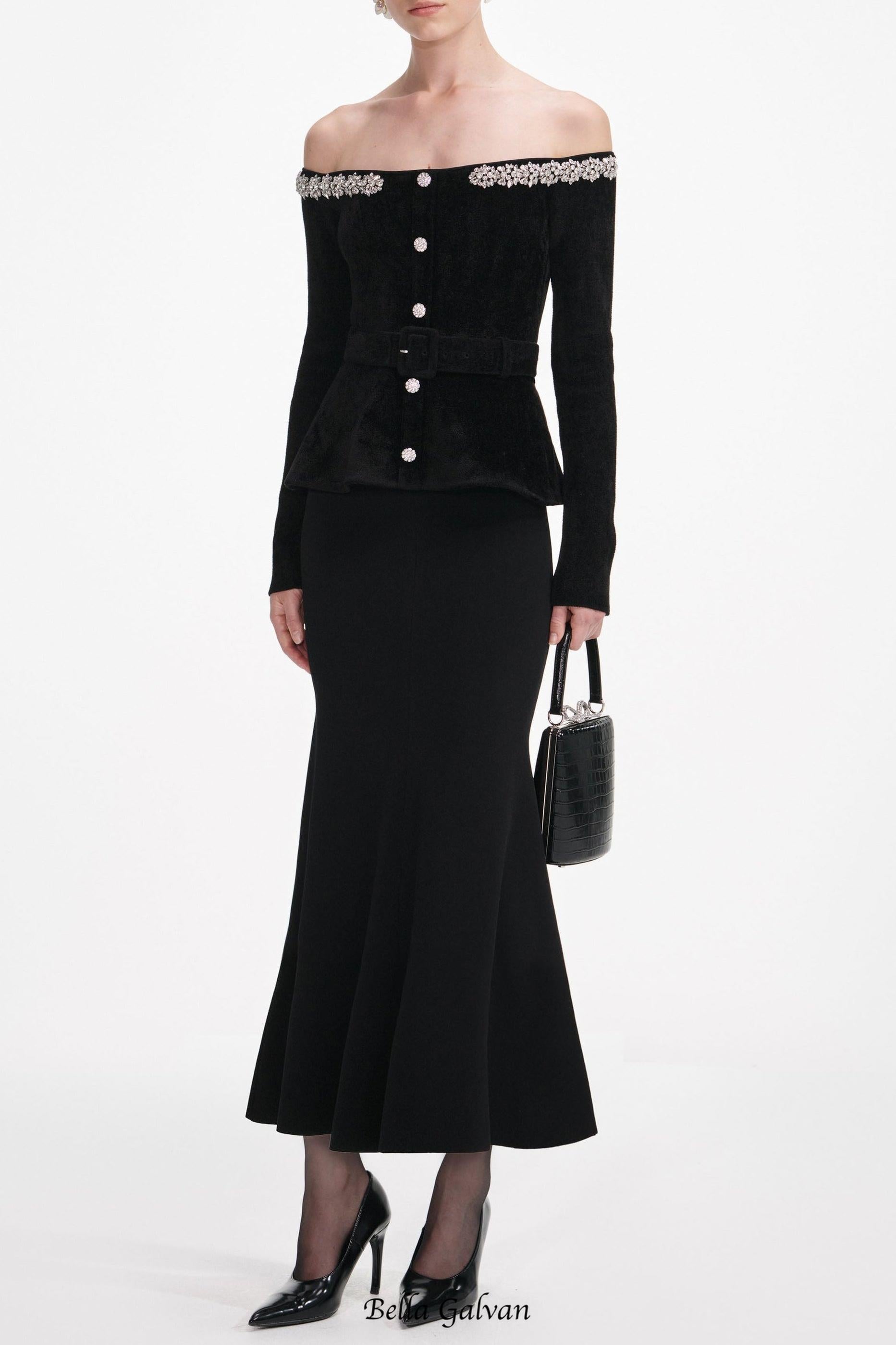 xaviera Black Chenille Knit Crystal Trim Midi Dress