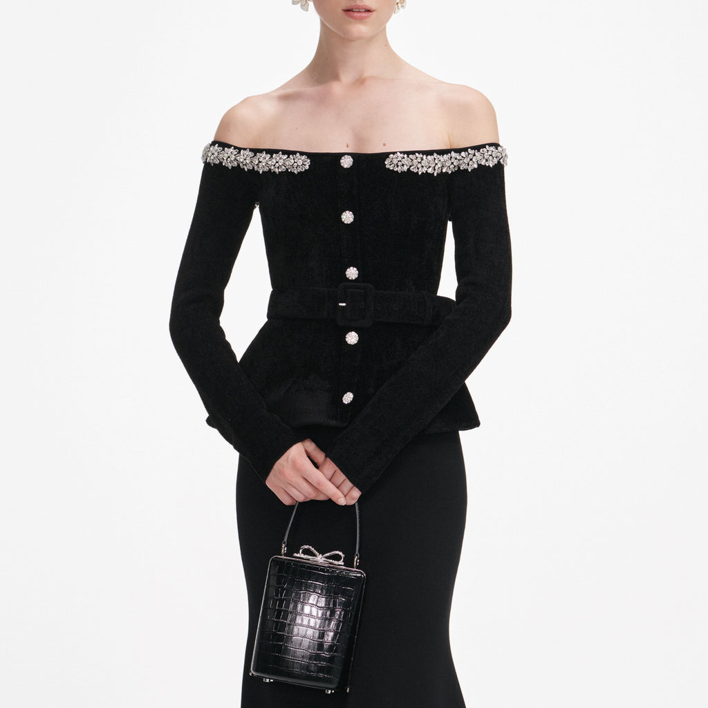 xaviera Black Chenille Knit Crystal Trim Midi Dress