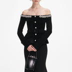 xaviera Black Chenille Knit Crystal Trim Midi Dress