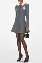 winni Grey Crochet Flower Collared Knit Mini Dress