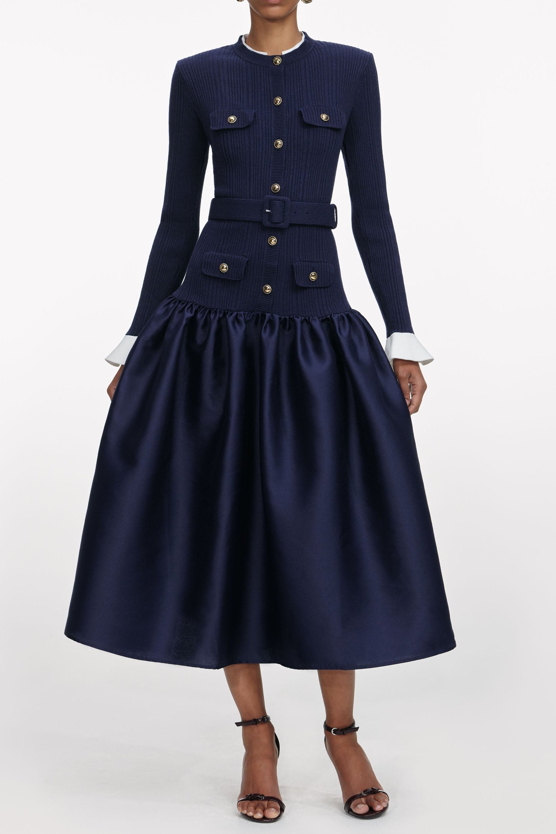 Flowering Girl Women Jane Navy Knit Taffeta Midi Dress