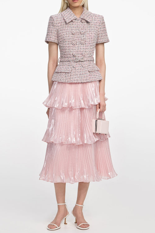 Flowering Girl Women beulah Pink Boucle Metallic Tiered Midi Dress